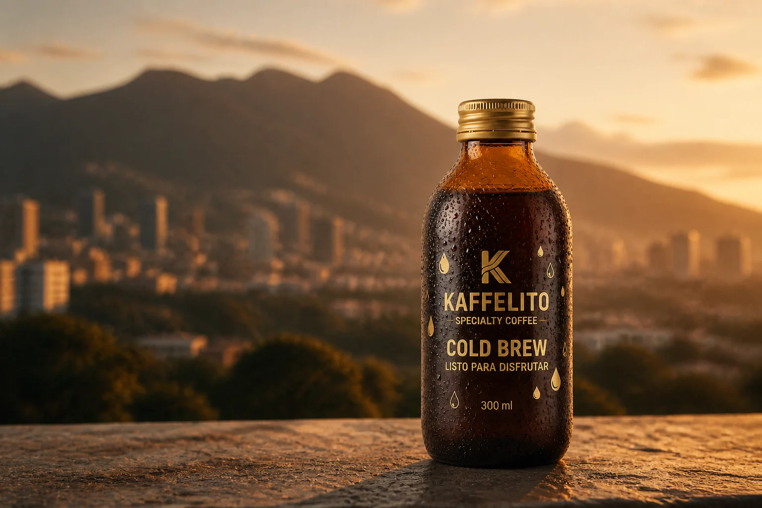 Botella de Cold Brew Kaffelito con el Ávila de Caracas al fondo