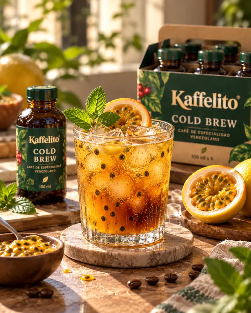 Vaso de Parchita Spark con cold brew Kaffelito, hielo, soda y parchita