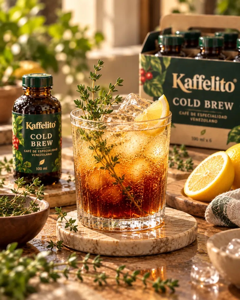Vaso de Thyme Fizz con cold brew Kaffelito, hielo, limón y tomillo